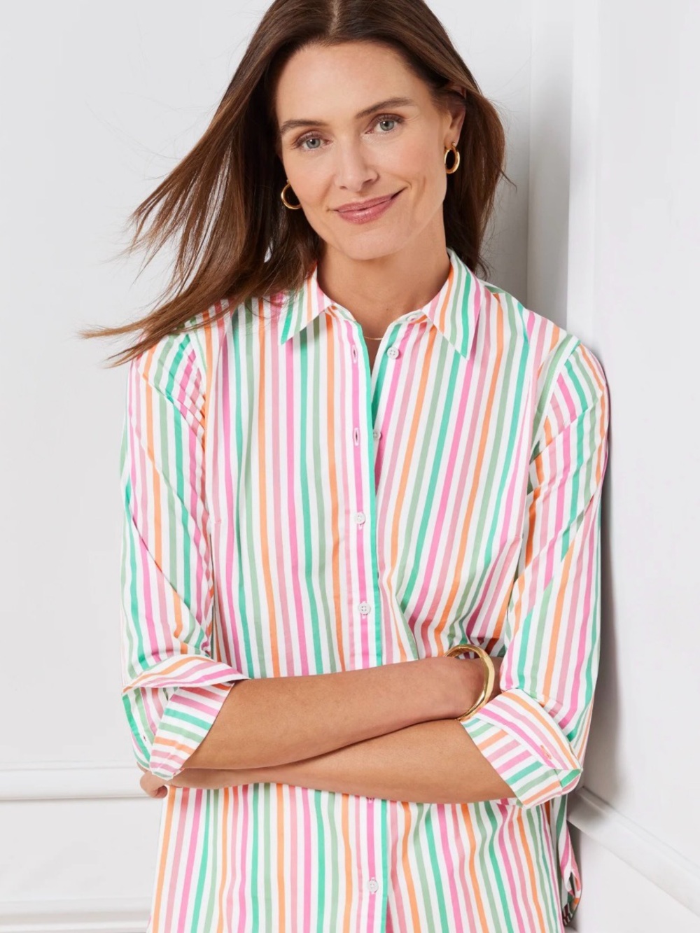 Talbots Spring Fling Striped Button-Down Shirt in Pink, Green & Orange Cotton